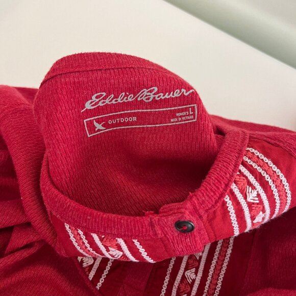 Eddie Bauer Womens Thermal Shirt Top Size Large Red Aztec Embroidered Round Neck - Picture 9 of 9